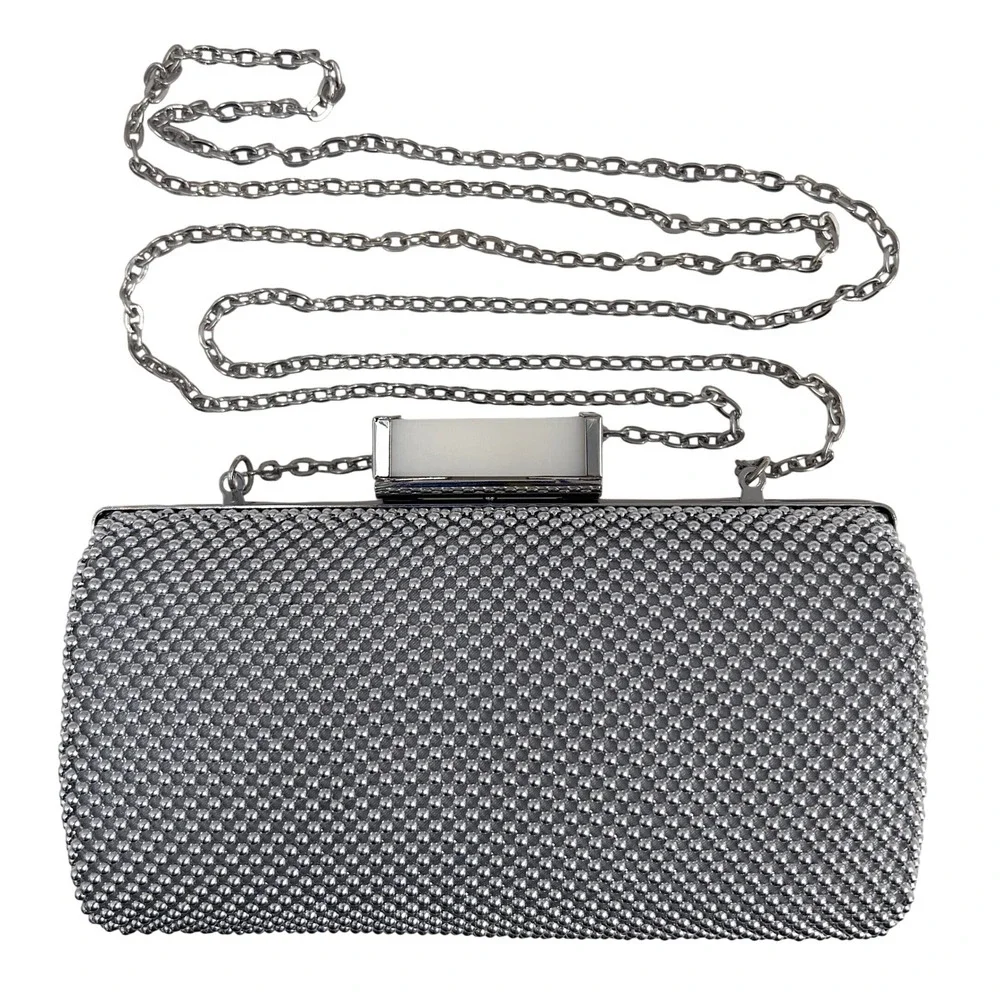 Jessica McClintock Clutch Bag Silver Ball Chain Mail Minaudière Evening Formal